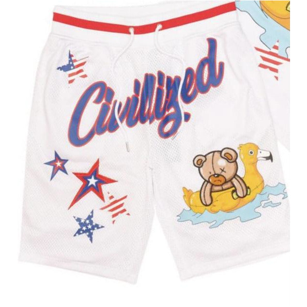 A pair of stylish and comfortable white shorts with the Civilized All-Star Bear logo embroidered on the front