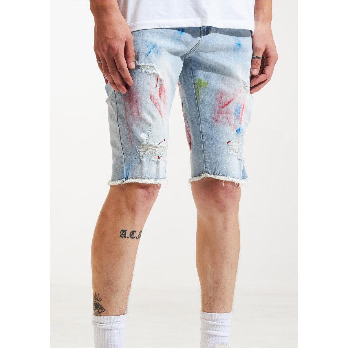 Karter Collection LtBlue Denim Shorts w/Paint (KARPK-409) featuring distressed detailing and trendy paint splatter design