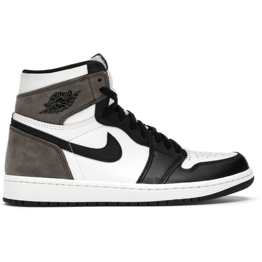 Close-up image of the Jordan 1 Retro High Dark Mocha sneakers, featuring the classic silhouette in brown and black colorway with Nike swoosh and Air Jordan logo