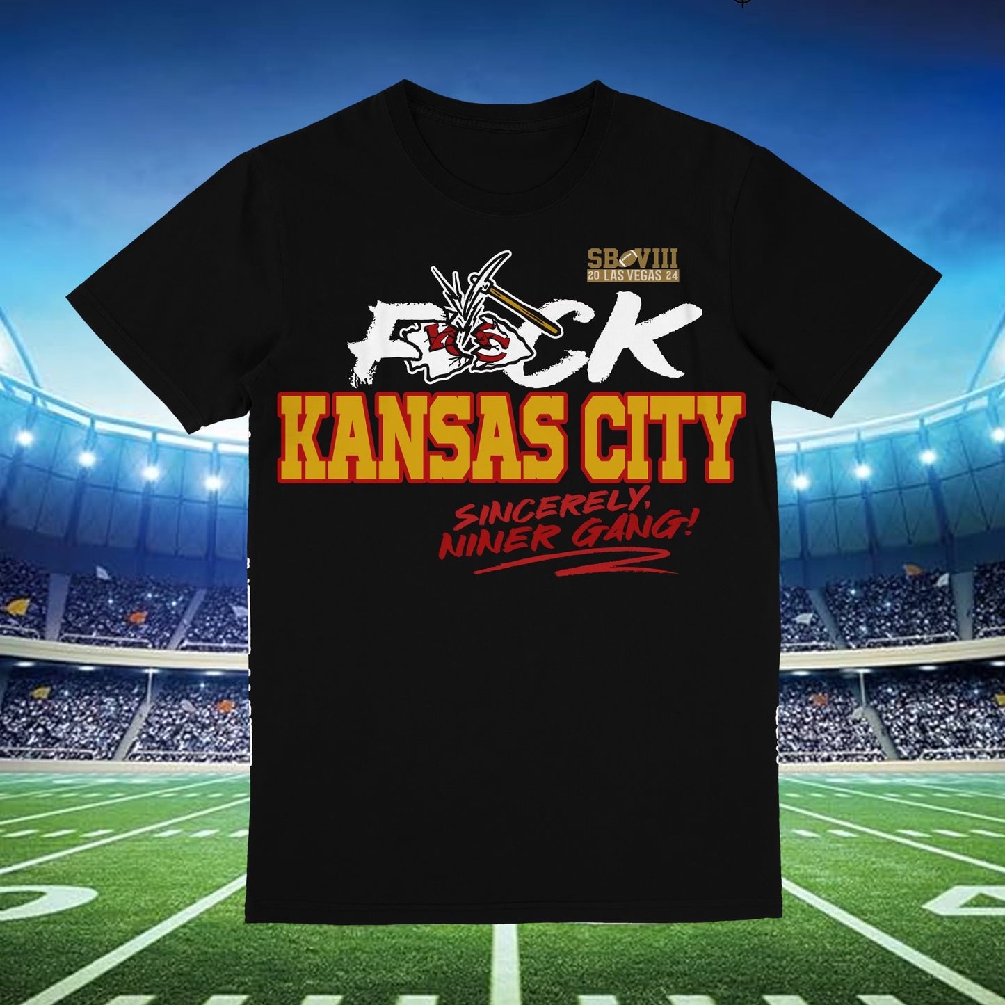 Black tee with typography that reads 'F*ck Kansas City' Sincerely Niner Gang