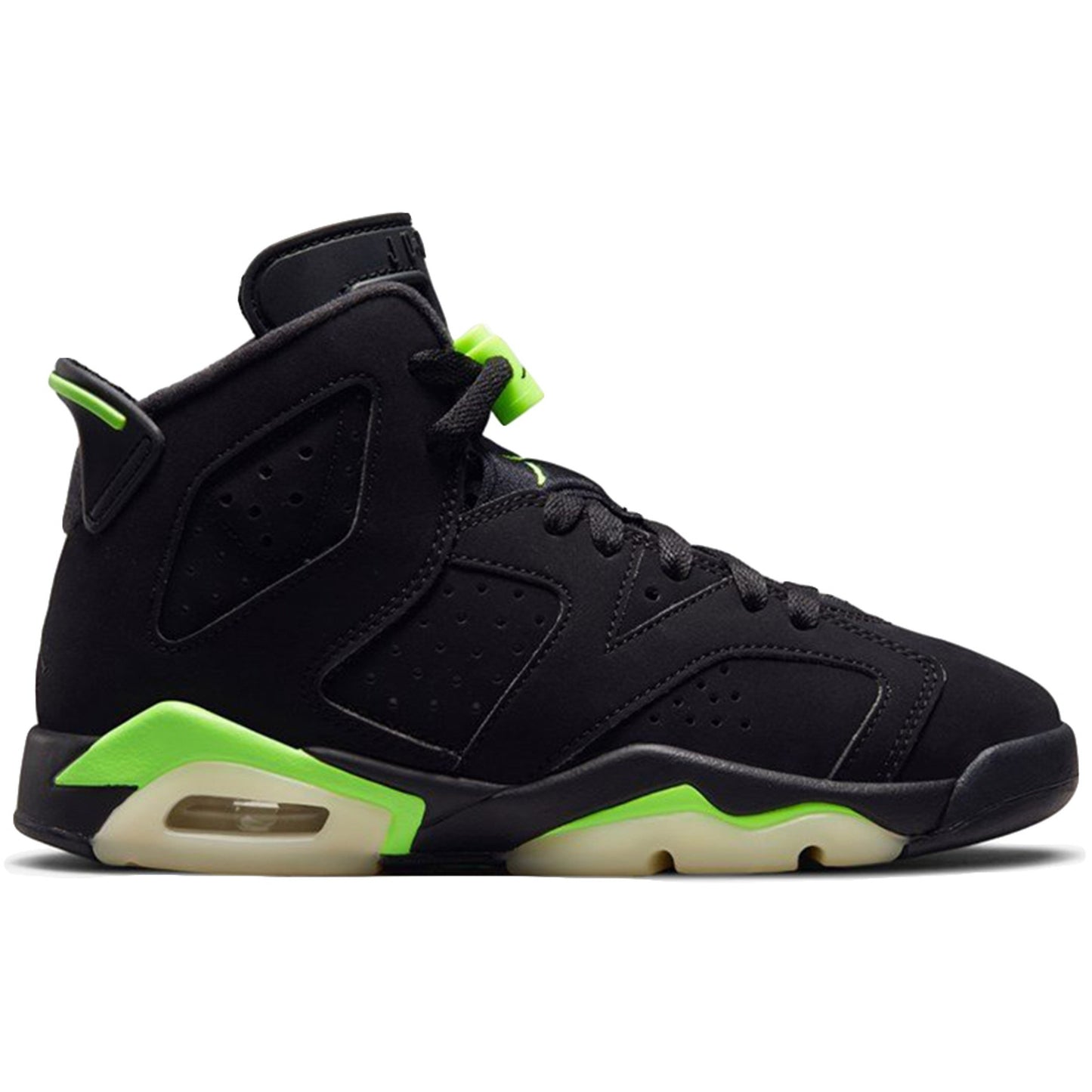 High-top Jordan 6 Retro Electric Green (GS) sneakers with vibrant green accents