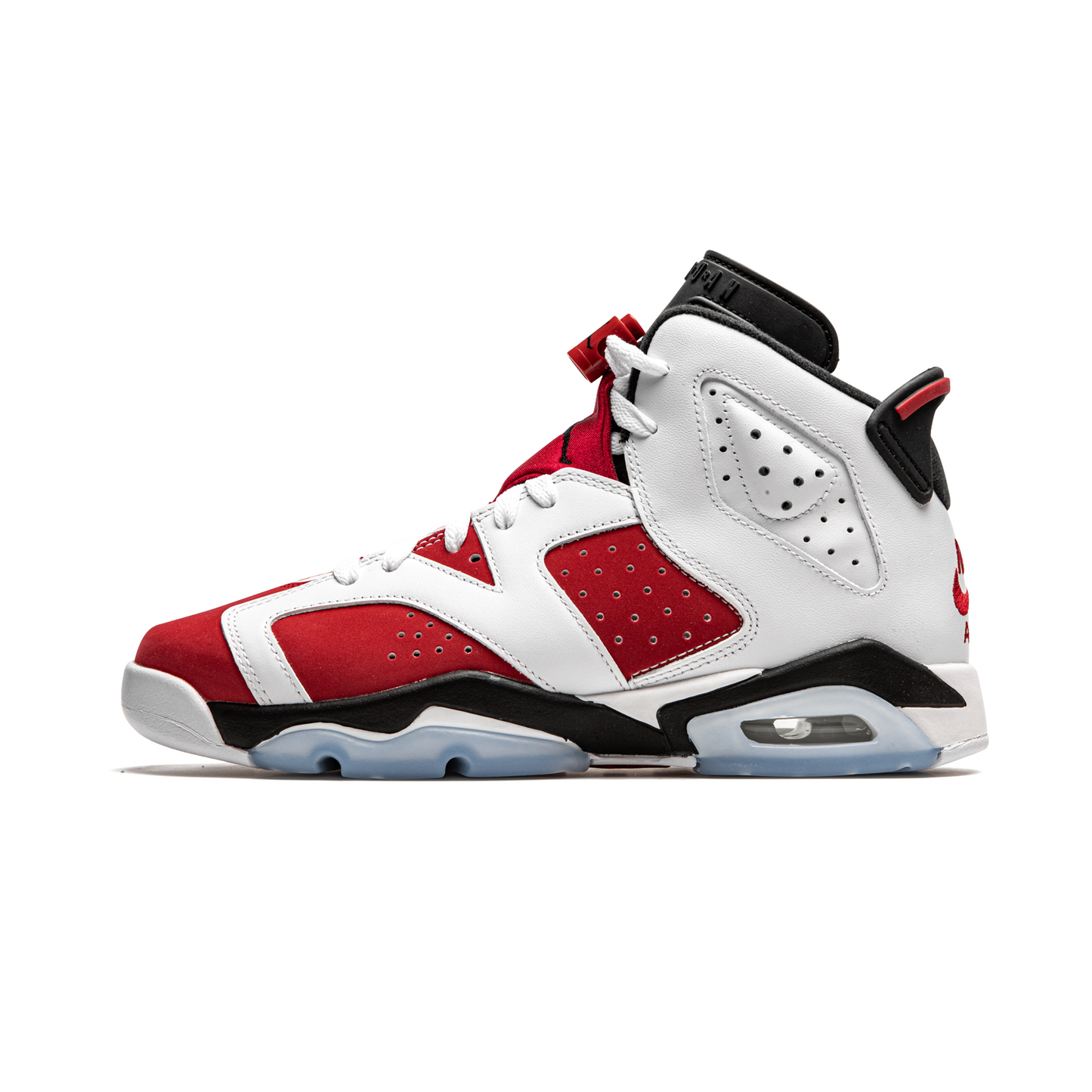 Close-up image of the Jordan 6 Retro - Carmine 2021 (GS) basketball shoes, featuring red and white colorway with black accents and Nike Air branding on the heel