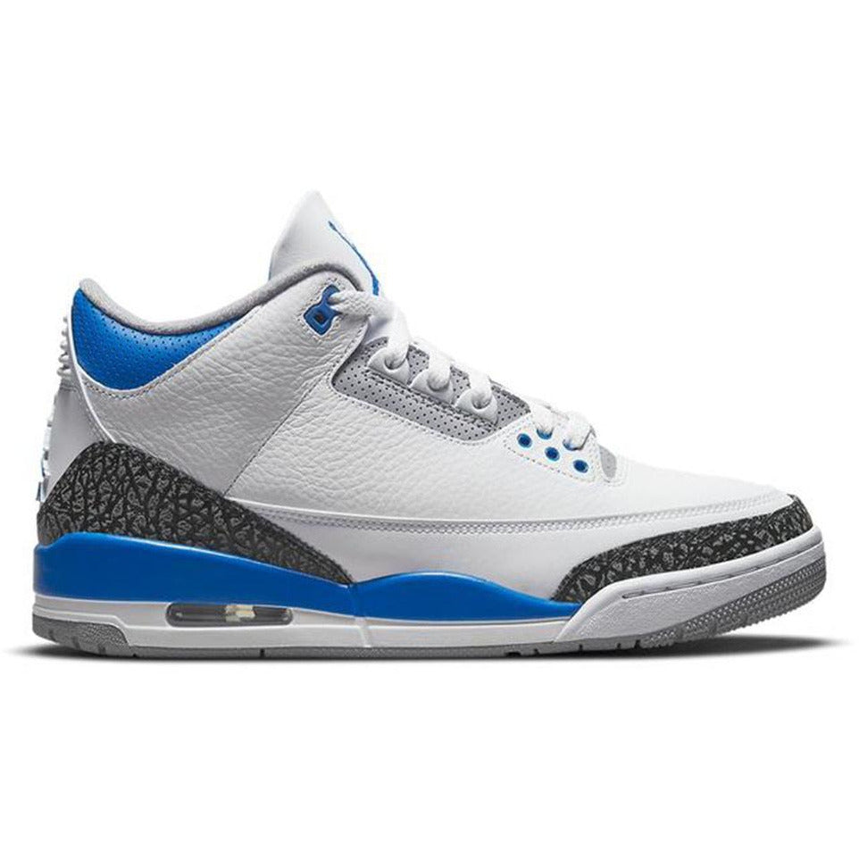 High-quality image of the Jordan 3 Retro - Racer Blue sneakers, showcasing their stylish design and vibrant blue colorway for men