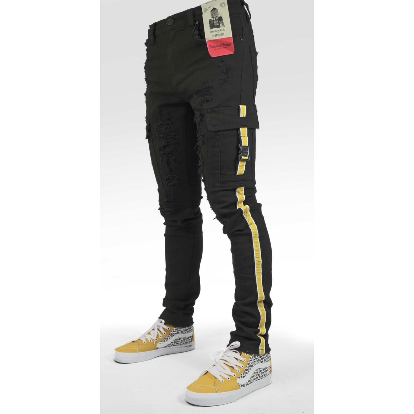 Stylish and durable industrial indigo black cargo taping denim jeans with a bold yellow stripe (ITN-WB-105) for versatile and functional fashion