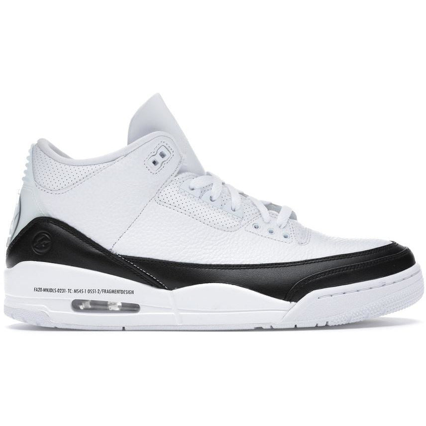 Black and white Jordan 3 Retro - Fragment sneakers on a white background, featuring the iconic Fragment design and premium leather materials