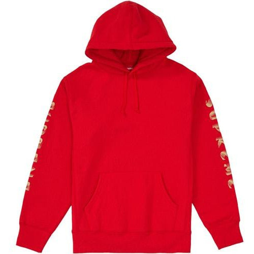 Red hooded sweatshirt with gradient sleeve design from Supreme's latest collection