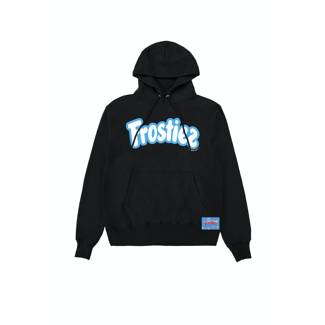 A black and blue hoodie with the Frostiez logo on the front