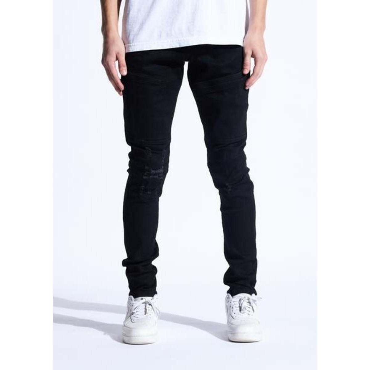 Crysp Denim Kurt Black Jeans (CRYF222-215) - Front view of slim fit black jeans with distressed details and frayed hem