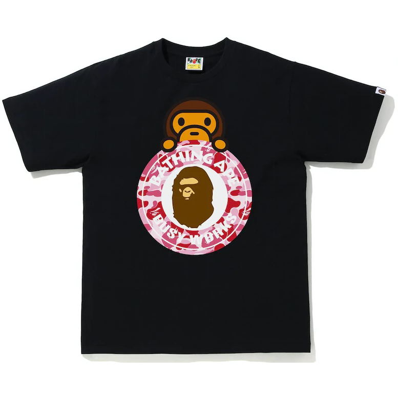 BAPE ABC Camo Milo On Busy Works Tee in black and pink colorway, featuring iconic camo print and busy works design
