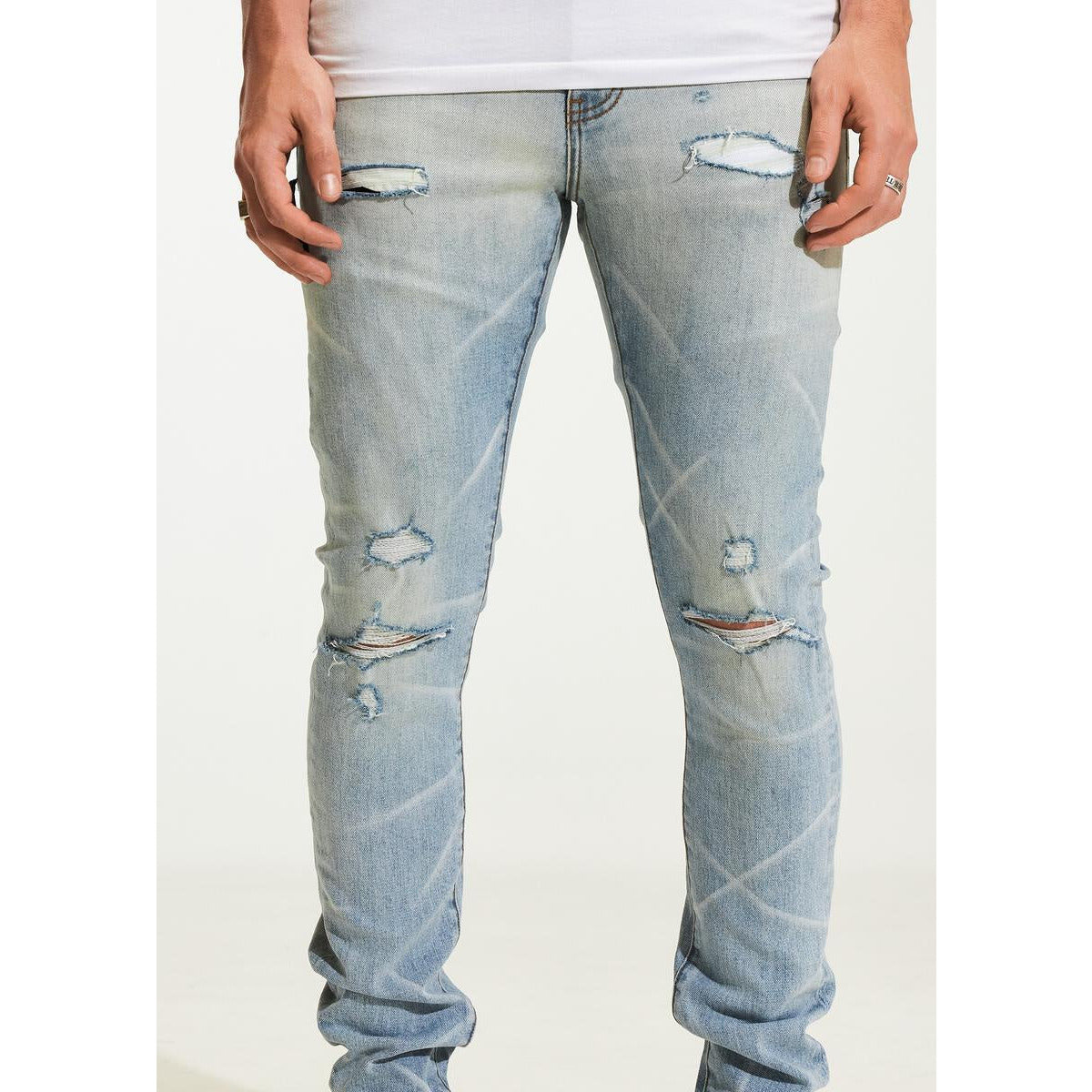 Embellish Mac (Straight) Ripped Sky Blue Jeans (EMBH22-223) - trendy distressed denim