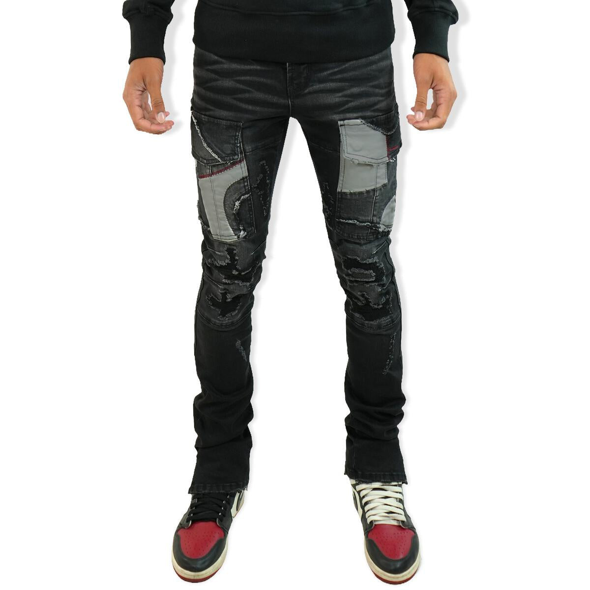 PREME Black Pockets Denim Jeans (PR-WB-1203) front view with stylish distressed design and classic black color