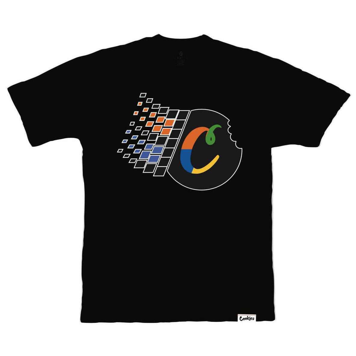 Black tee with colorful illustration of cookies in a window shopping display