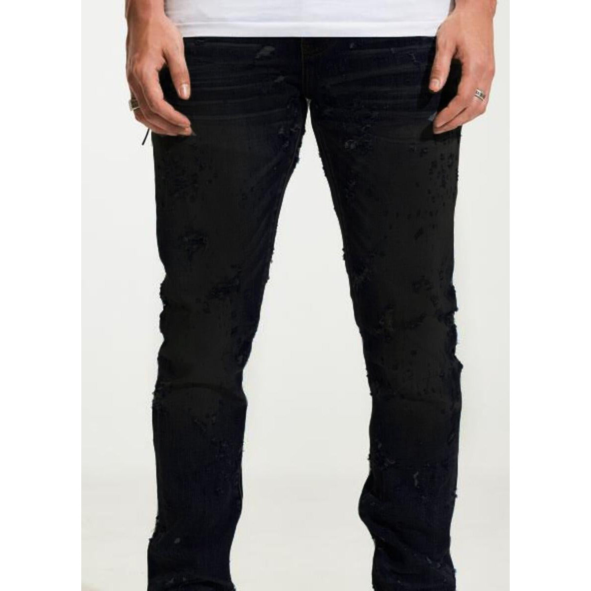 Model wearing Embellish Owen Ripped Jet Black Jeans to showcase the fit and style