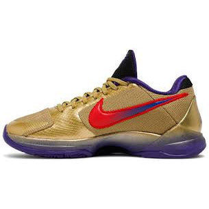 Black and gold Nike Kobe 5 Protro - Undefeated Hall of Fame basketball shoes on white background, featuring the Undefeated logo and Kobe Bryant's signature