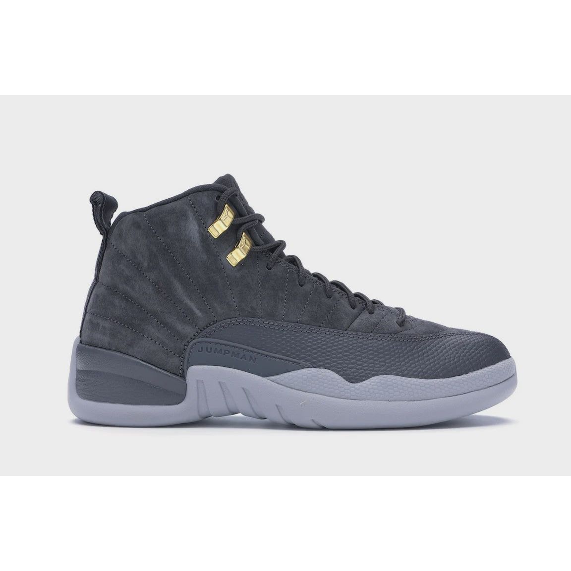 High-quality Jordan 12 Retro Dark Grey sneakers with iconic design (130690-005) on white background
