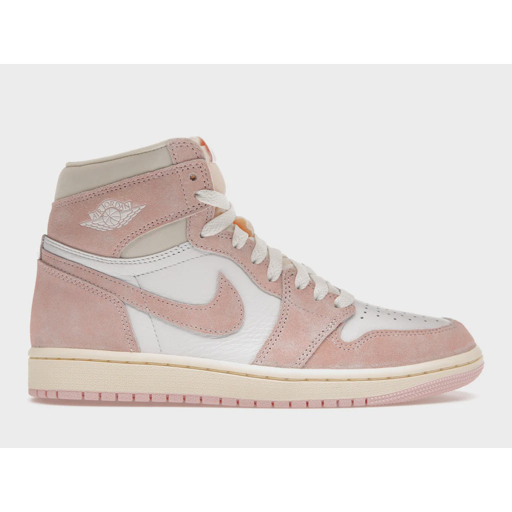 Close-up image of the Jordan 1 Retro High OG - Washed Pink (W) (FD2596-600) women's sneaker with iconic Air Jordan logo and pink washed leather upper