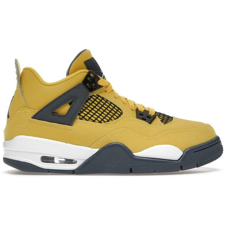 Close-up image of the Jordan 4 Retro - Lightning (2021) (GS) sneakers in vibrant yellow and black colorway, featuring retro design and classic Air Jordan branding