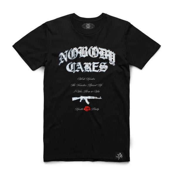 Black Hasta Muerte Nobody Cares Script tee with bold white lettering