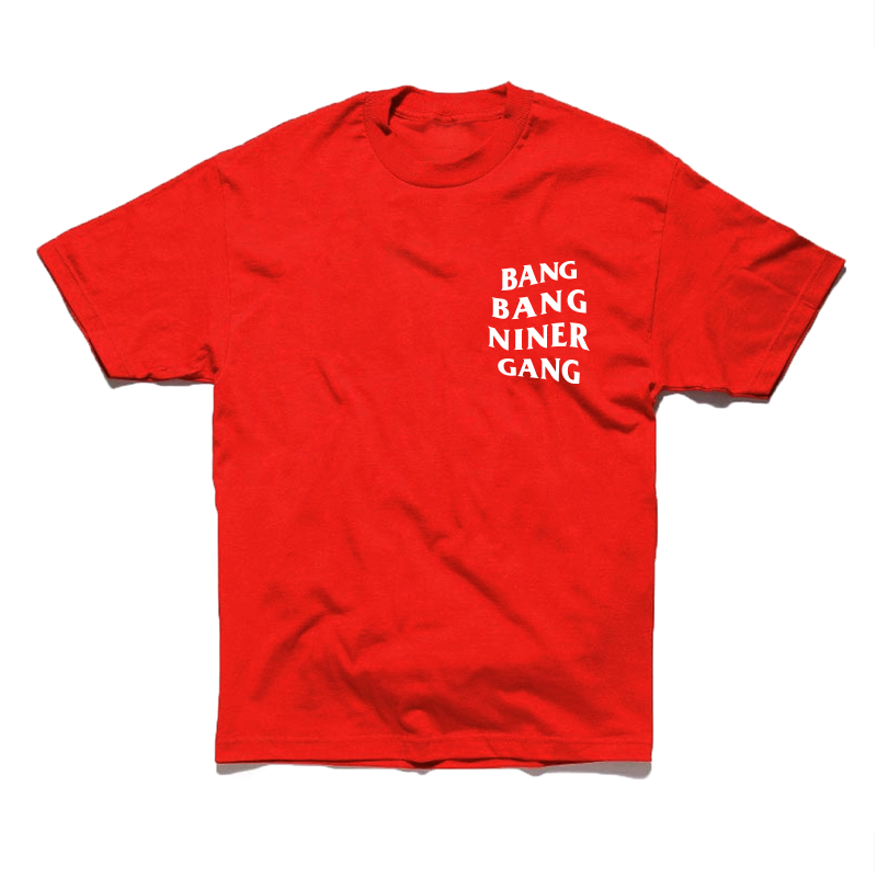 Red short-sleeve tee with white 'Bang Bang Niner Gang' text design