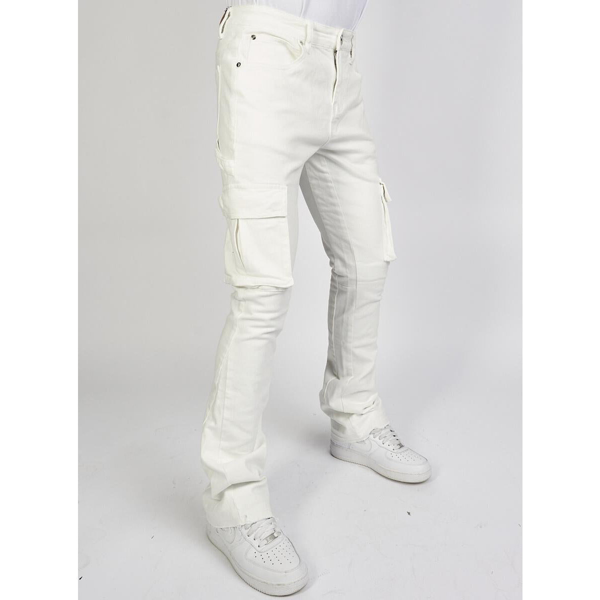 White cargo stacked flare jeans with a modern and trendy design named Politics Jeans White Cargo Stacked Flare (Mott506)