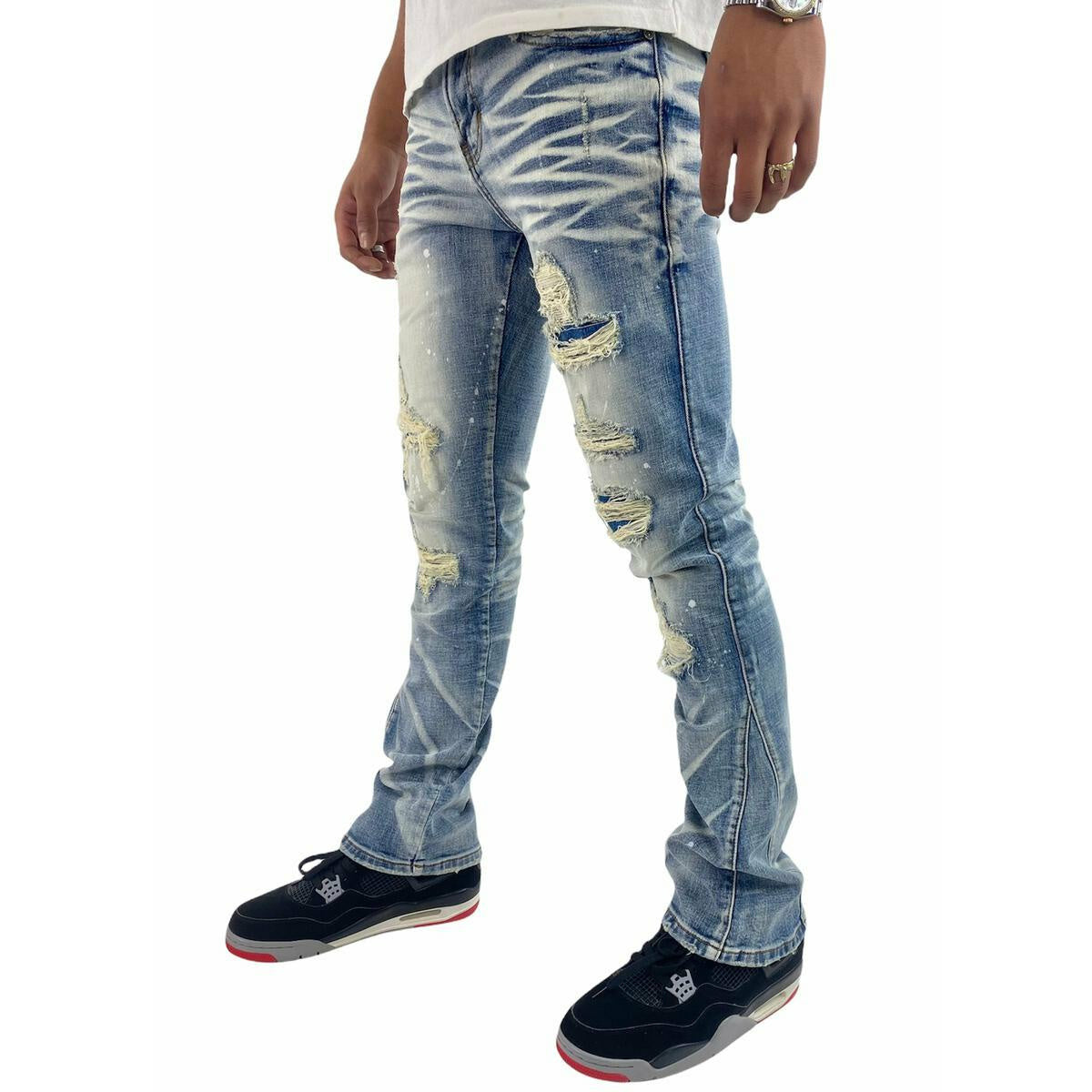 Close-up of Preme Indigo Denim - Niagra Flare (PR-WB-936) showing front button and pocket stitching