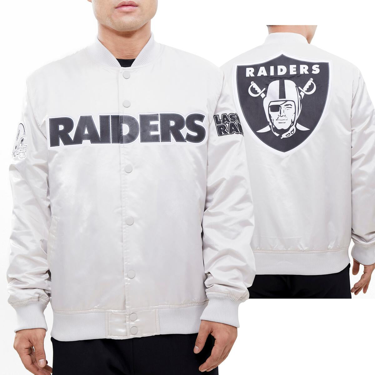 Silver satin jacket with Las Vegas Raiders big logo, perfect for fans of the team
