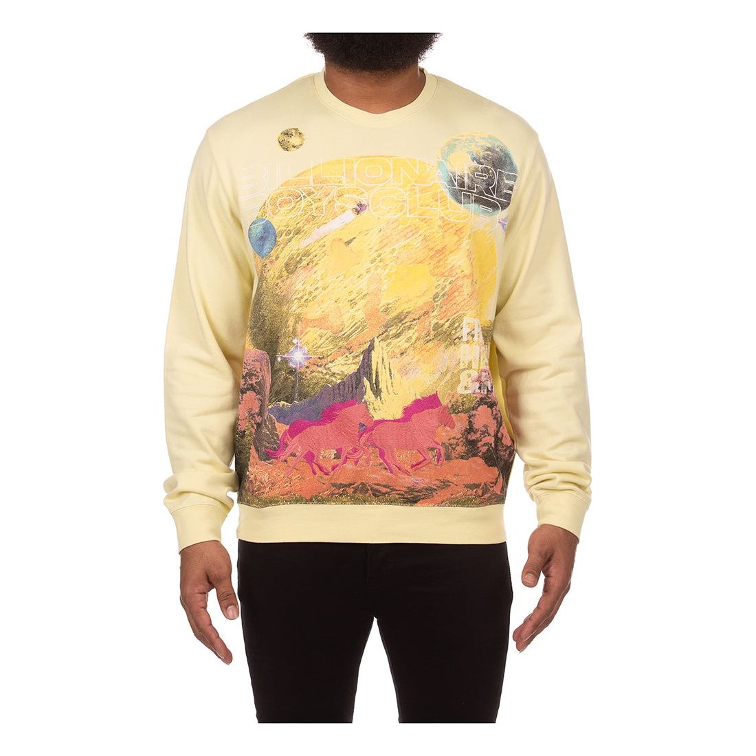 Close-up of BBC Wax Yellow BB Free Crewneck fabric texture and stitching detail