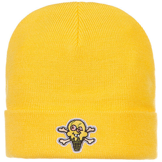 Close up of Aspen Gold knit beanie with Bones design, perfect for cold weather