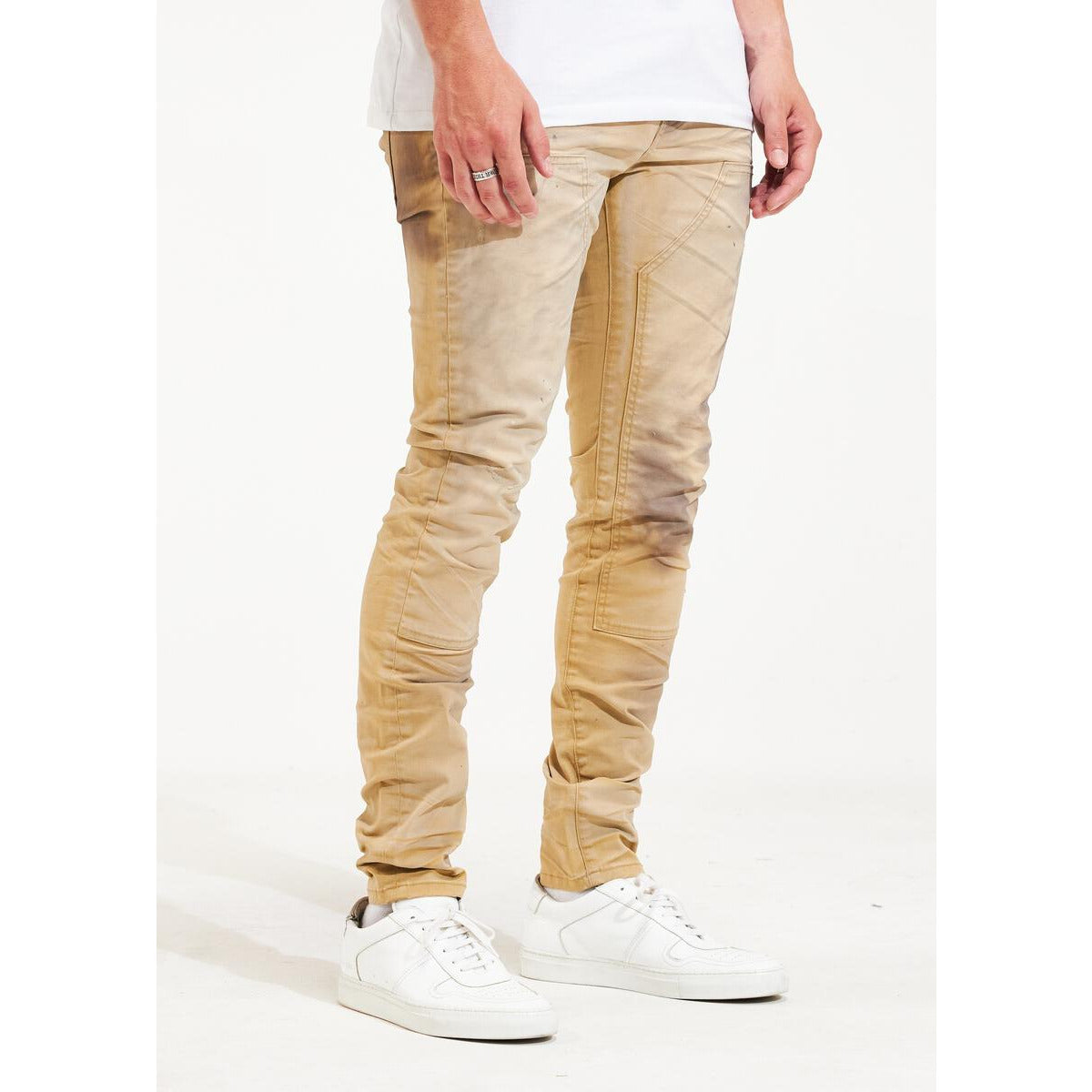 Men's fashion khaki denim jeans with unique embellishments and trendy design