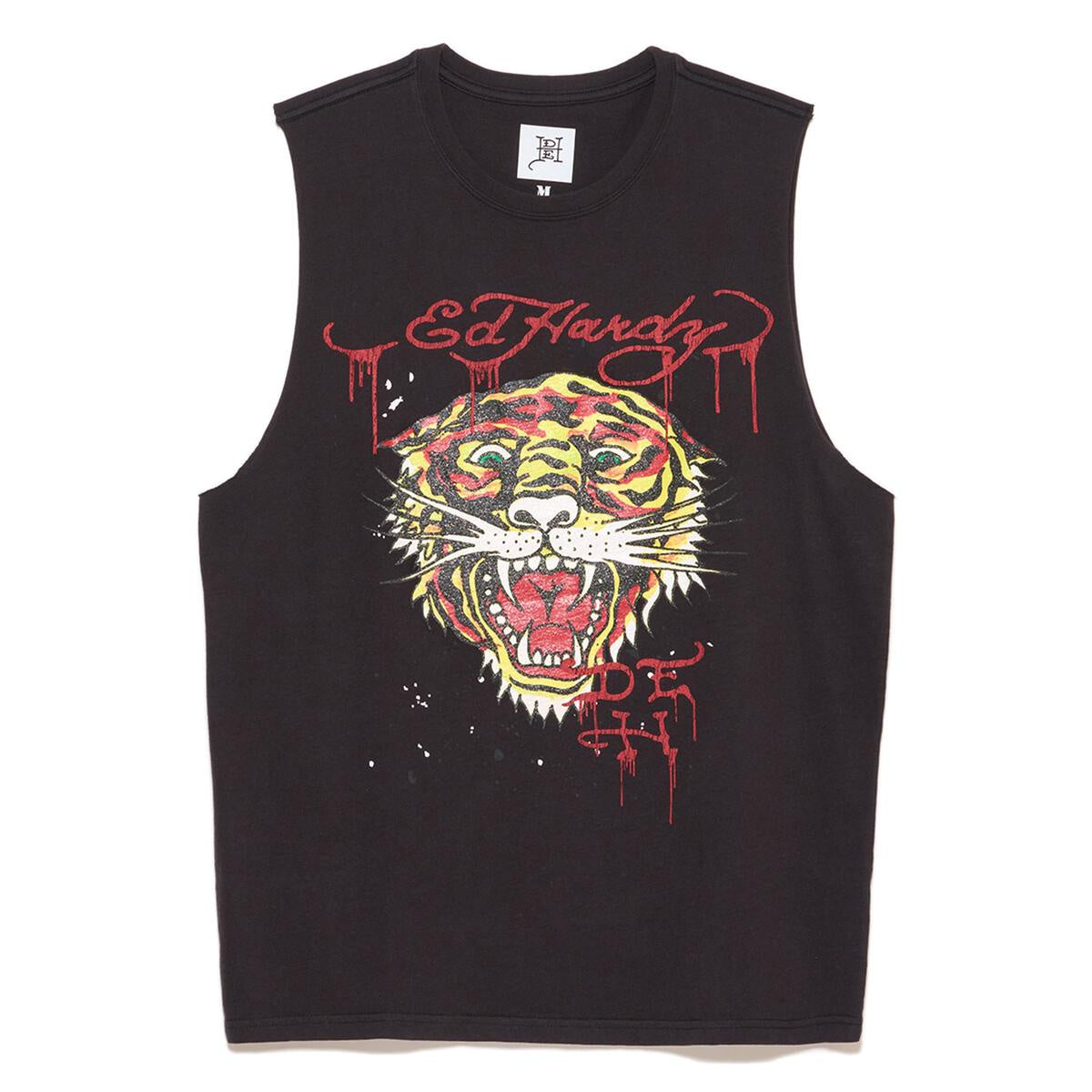 Ed Hardy Retro Tiger Cutoff Tee in Faded Black, featuring vintage-inspired graphic design and distressed detailing