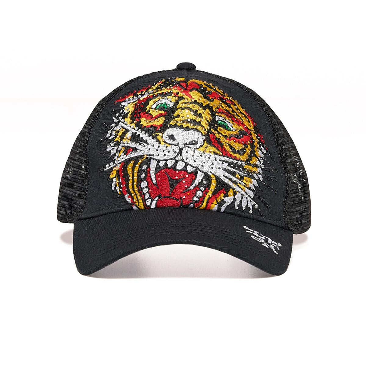 Black Ed Hardy Rhinestone Tiger Trucker Hat featuring bold tiger design