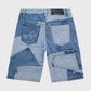 Homme + Femme Patchwork Denim Shorts - Blue side view with frayed hem