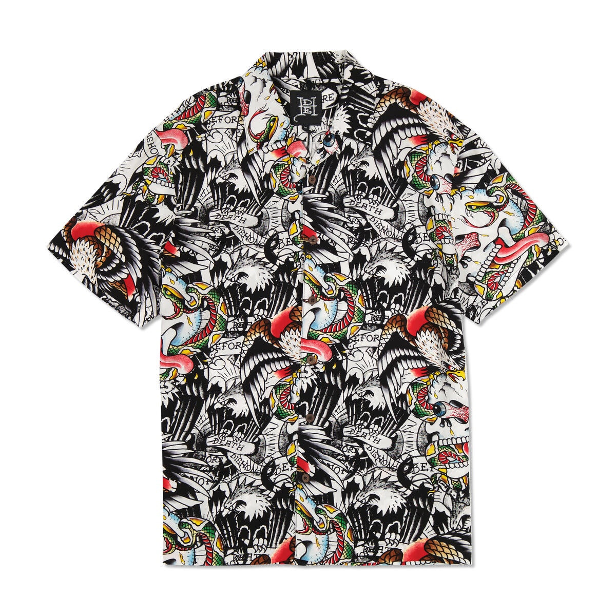 Men's Ed Hardy Battle Skull Button Up shirt in multi-color with intricate skull design and button-up closure