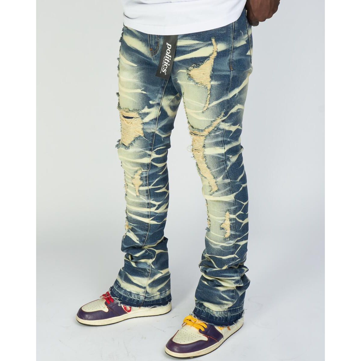 Side view of the cargo denim showcasing the stacked design