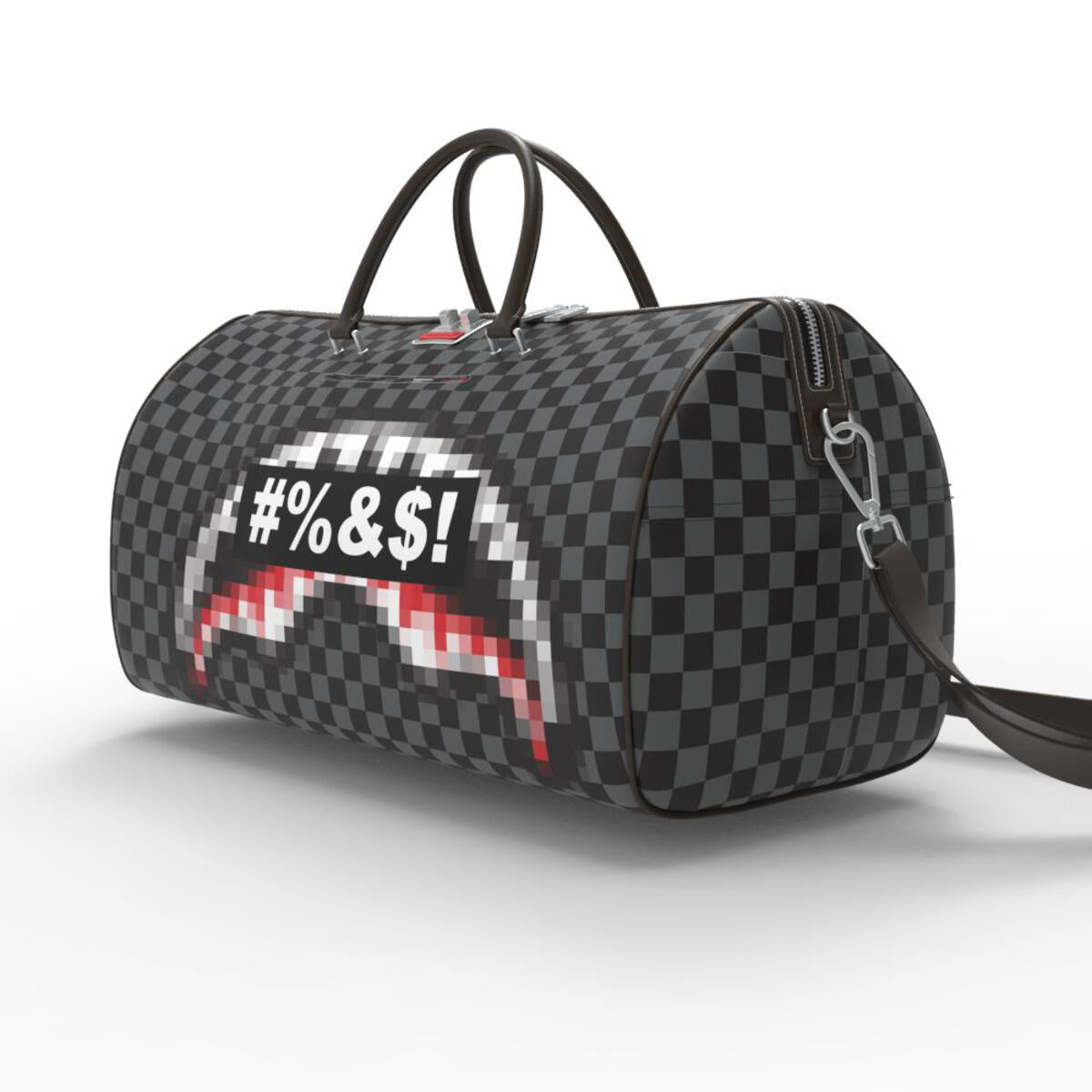 Black and white Sprayground Censored Duffel Bag (D5957) with unique print design and multiple compartments for storage