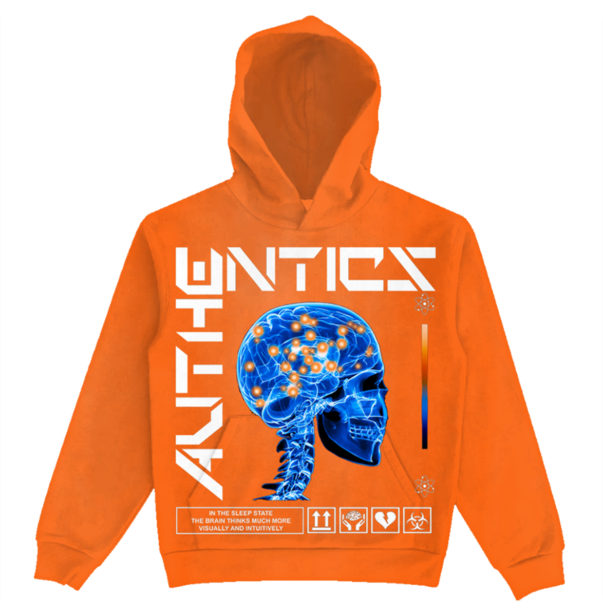 Authentics Brain Power Hoodie in vibrant orange with bold graphic print and comfortable fit for active lifestyle 