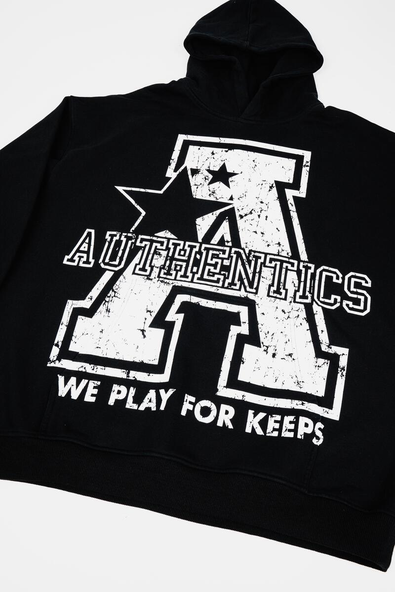 Close-up of the Big A logo on the vintage black hoodie