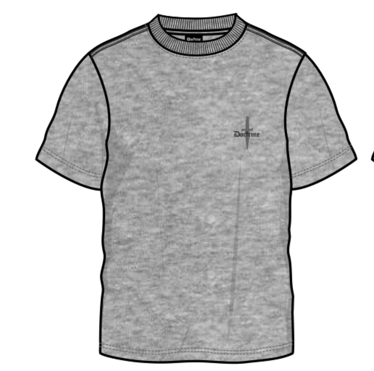 Close-up of the Doctrine Core Dagger Tee in Heather Gray, a stylish and comfortable t-shirt with a bold graphic design