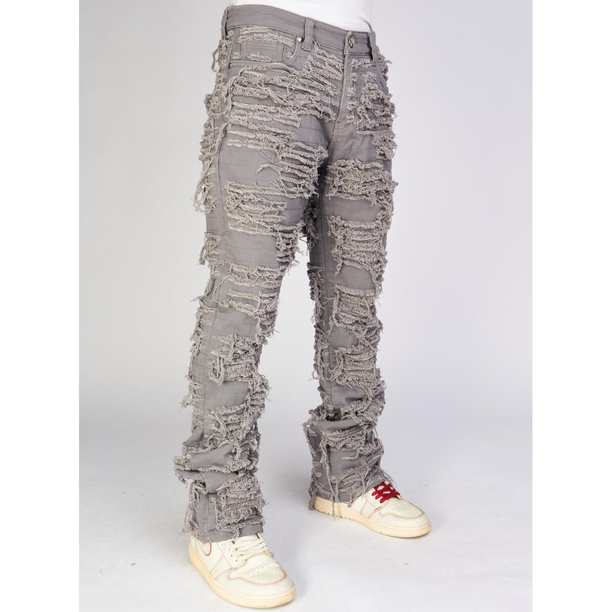 Politics Jeans Grey Thrashed Distressed Stacked Flare (Debris515)
