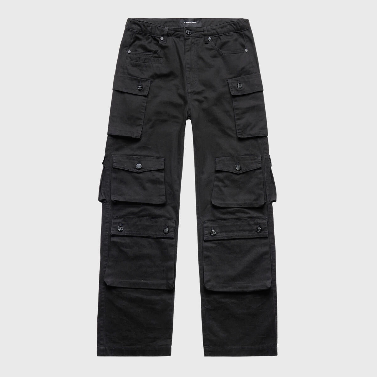 Homme + Femme Bourne Cargo Pants - Black for men, front view with multiple pockets and adjustable waistband