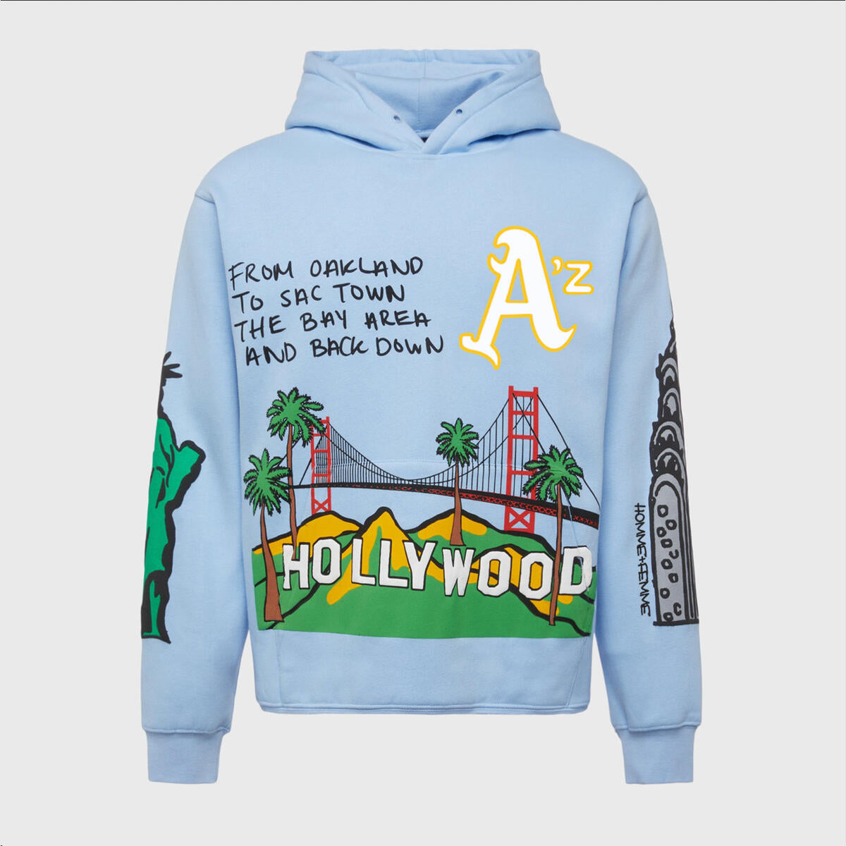 Unisex Homme + Femme Cali to NYC Hoodie in Sky Blue, featuring a relaxed fit and soft, comfortable fabric