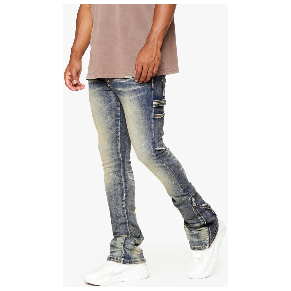 Valabasas Streamline DK Vintage Wash Stacked Denim Jeans side view showing vintage wash and comfortable fit