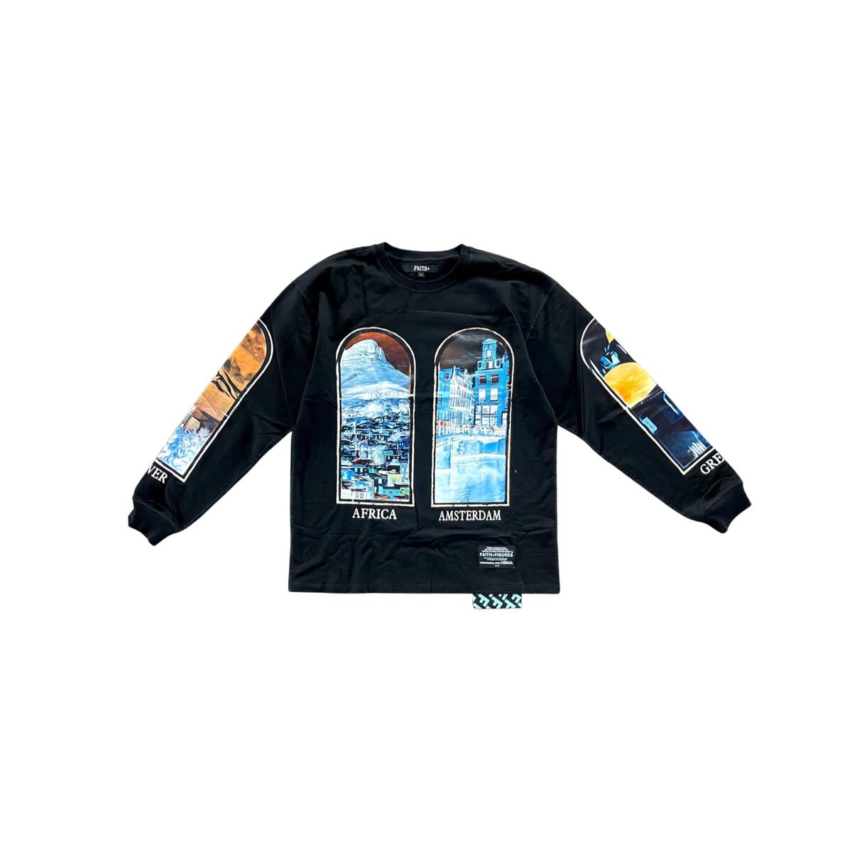 Black long sleeve tee with Faith+Figures Views logo and stylish design