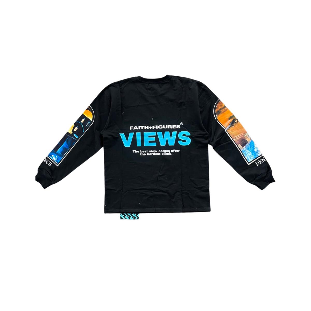 Black long sleeve tee with Faith+Figures Views logo on front