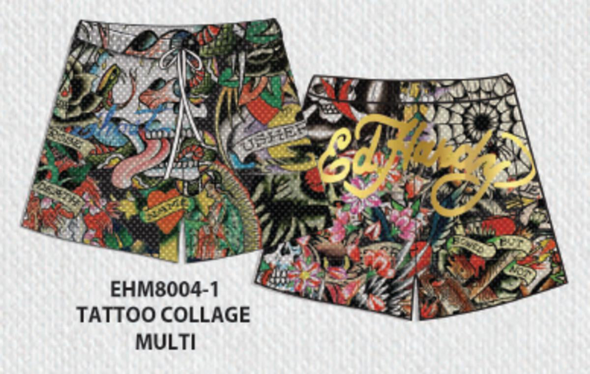 Colorful Ed Hardy Tattoo Collage Mesh Shorts featuring vibrant tattoo-inspired design