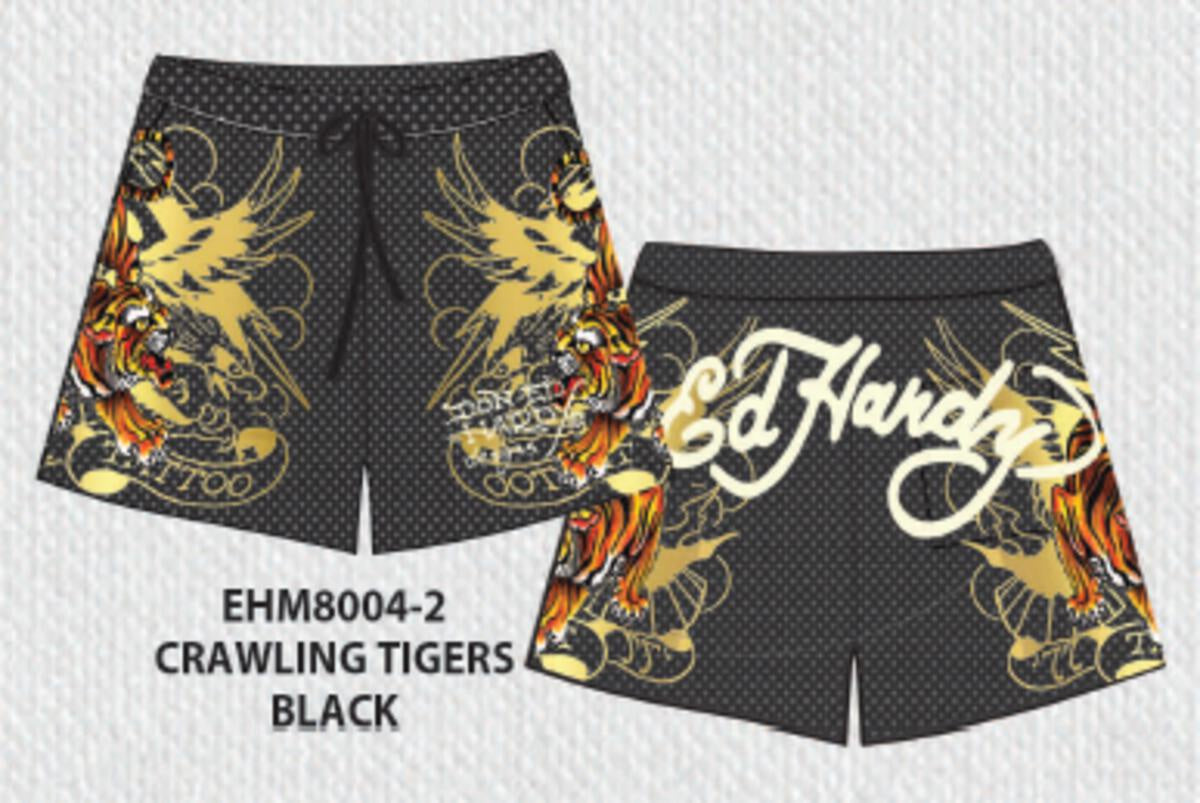 Colorful Ed Hardy Crawling Tigers Mesh Shorts with vibrant tiger print design