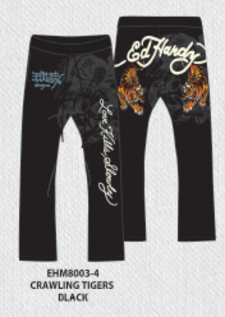 Black Ed Hardy sweatpants featuring crawling tiger design, comfortable and stylish