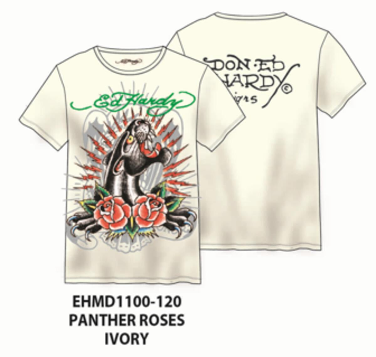 Stylish Ed Hardy Panther Roses Short Sleeve Tee in Ivory color