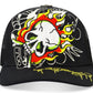 Embroidered black trucker hat featuring Ed Hardy fire skull design