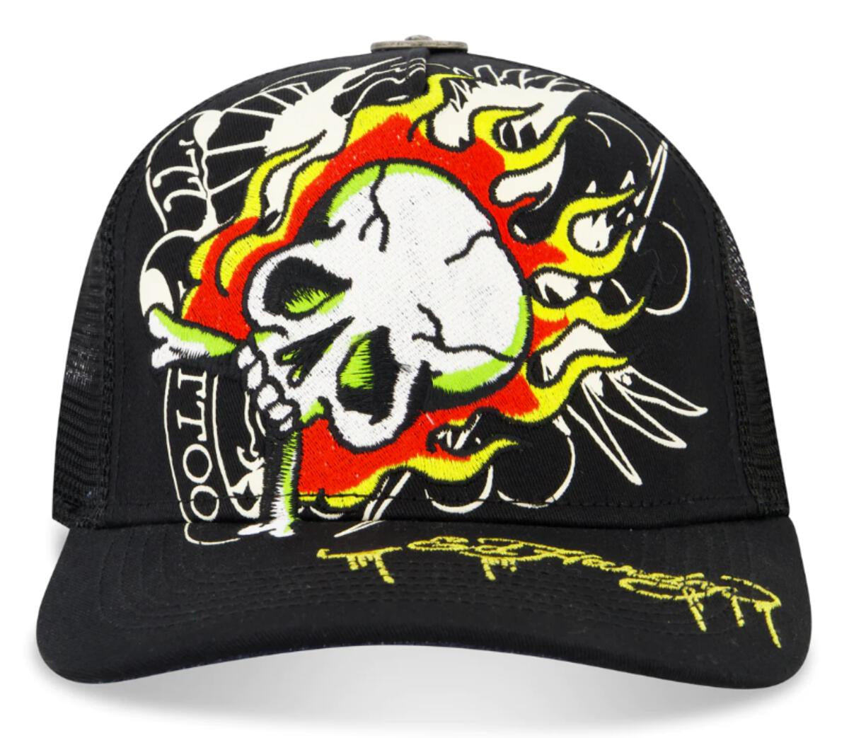 Embroidered black trucker hat featuring Ed Hardy fire skull design